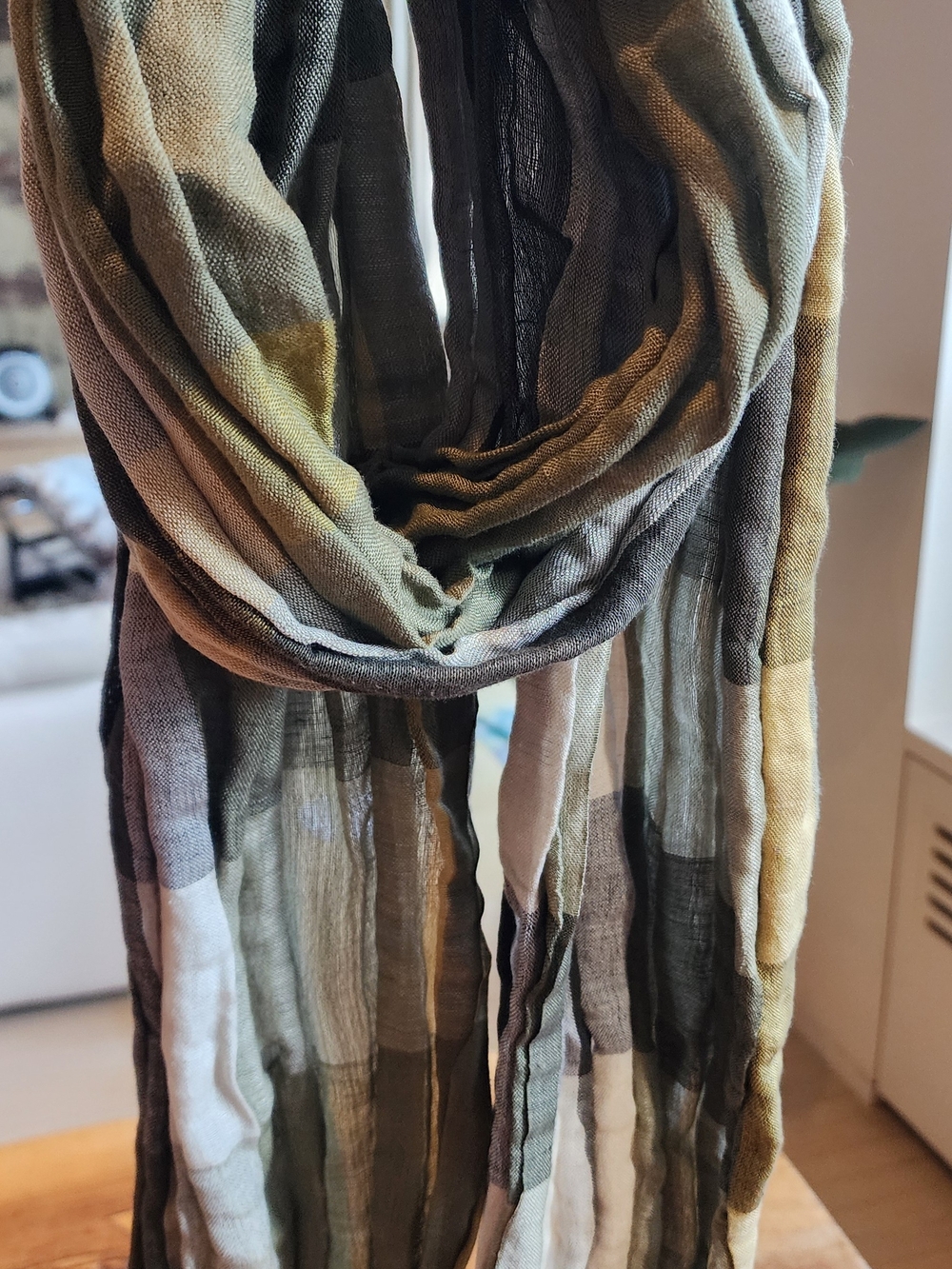 Burberry Striped Linen And Silk Crinkled Scarf - Olive, Gray & Cream - Picture 4 of 8